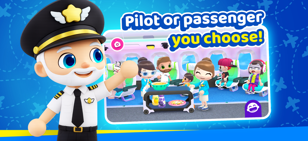 World Travel Stories - Airport - Pilota dei cartoni animati e bambini che recitano un ruolo all'interno della cabina di un aereo.