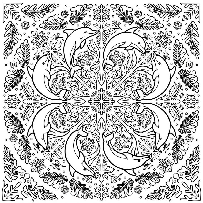 Dive into a unique winter scene with this captivating Dolphin Mandala coloring page. Featuring playful dolphins intertwined with intricate snowflakes, it promises a delightful and meditative coloring experience.