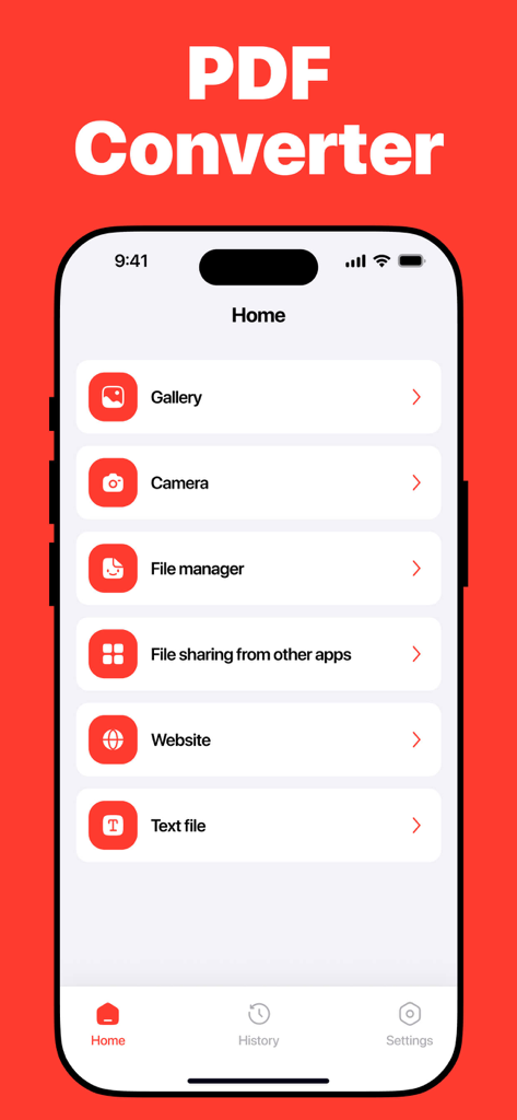 PDF Converter: Convert to PDFㅤ - Interfaccia dell'app mobile Convertitore PDF che mostra opzioni per importare file dalla galleria, fotocamera, file manager e altre origini