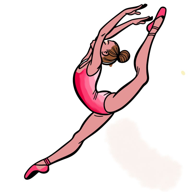 gymnast doing a leap in a leotard with a bent back leg