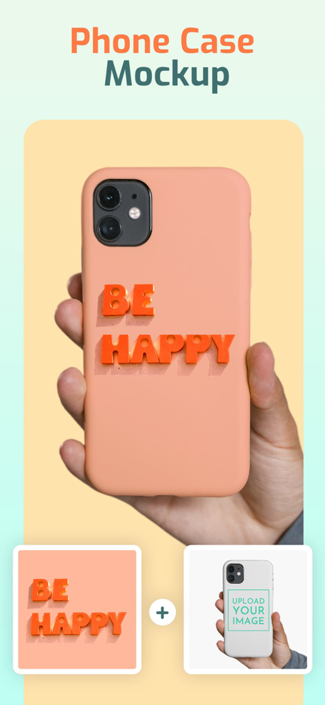 Mockup Generator - Mockitup - Mockitupアプリで作成された、オレンジ色の3Dテキスト「BE HAPPY」が書かれたピーチ色のスマホケースモックアップ