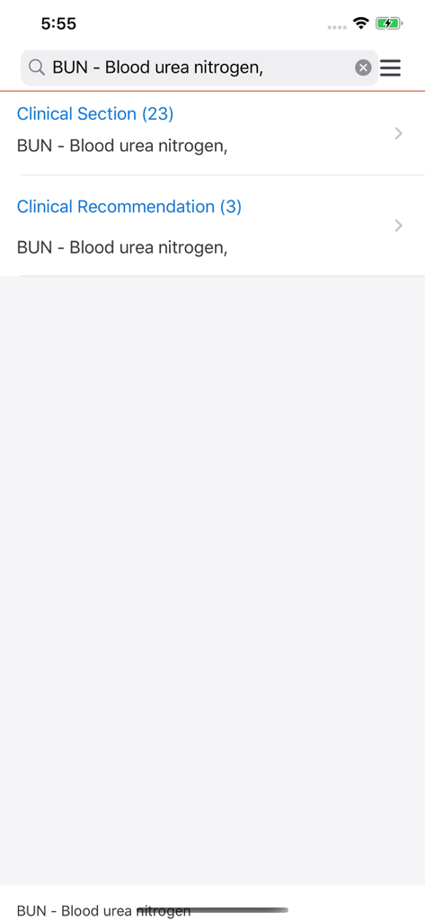 NKF KDOQI app interface showing search results for Blood Urea Nitrogen clinical guidelines.