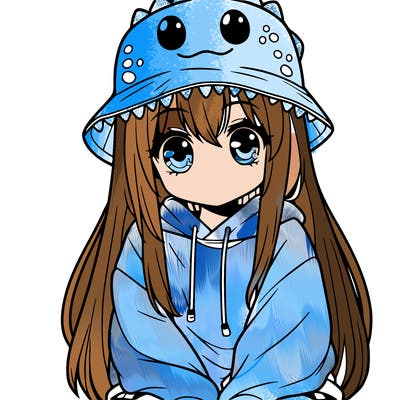 girl with anime shaped eyes with a dinosaur bucket hat oversized sweatshirt long straight hair