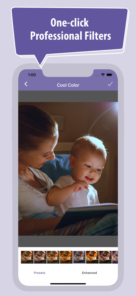 A mother and baby reading a book with a professional cool color filter applied using the Baby Photo Editor app