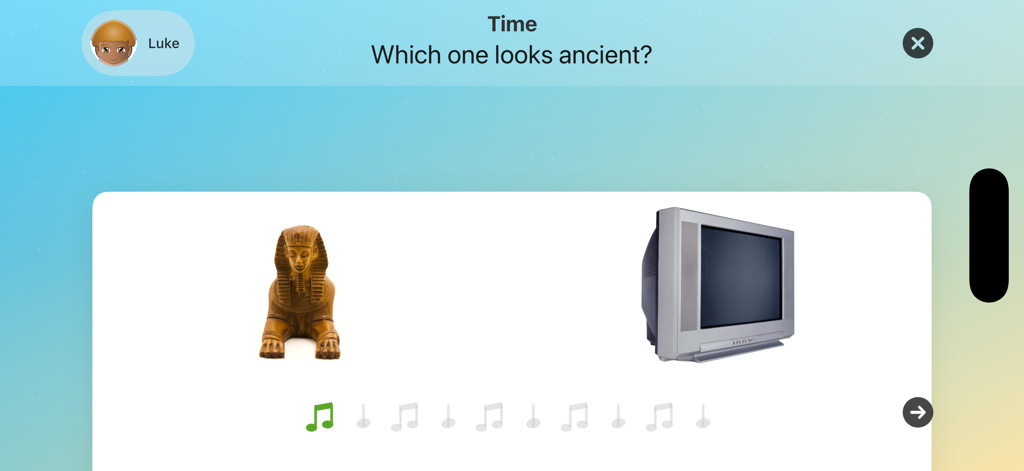 Adjective Remix - Pantalla de la aplicación Adjective Remix preguntando cuál parece antiguo con imágenes de una esfinge y un televisor