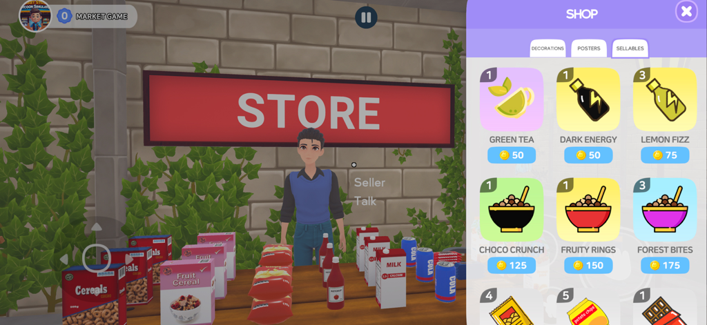 Market Street Tycoon Simulator - Interfaz de tienda en Market Street Tycoon Simulator mostrando un vendedor y artículos disponibles para la venta