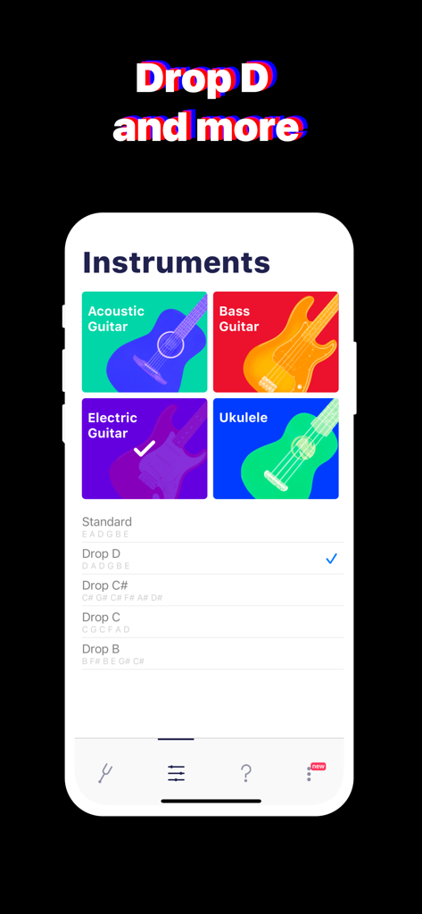 Tuner ONE PRO Guitar & Ukulele - Tuner ONE PRO app interface displaying instrument selection and various guitar drop tuning options including Drop D and Drop C.