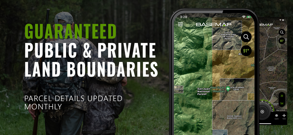 BaseMap app interface showing public and private land boundaries with landowner names on a topographic map