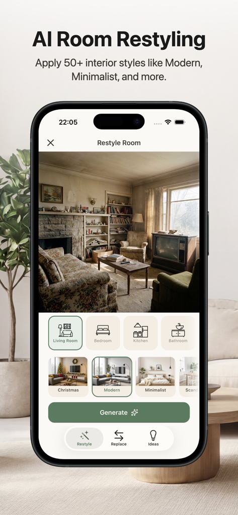 DecorHome AI app screenshot showing the AI room restyling interface with different interior design styles
