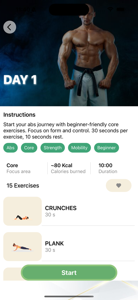 Learn Taekwondo & Workout Pro - Interface do aplicativo de Taekwondo exibindo um treino básico para iniciantes do dia um