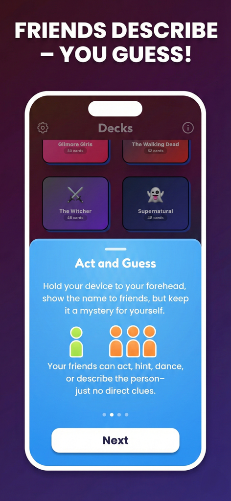 Guess Who: Charades & Trivia - Pantalla tutorial de la aplicación Guess Who Charades y Trivia explicando la mecánica de Actuar y Adivinar con varios mazos de programas de televisión.