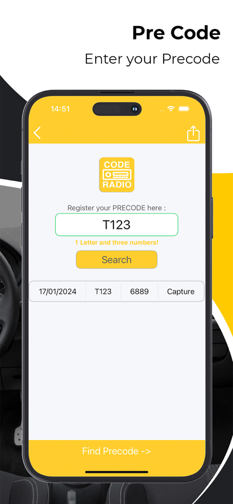 Smartphone screen showing the entry of a Renault radio precode to retrieve an unlock code