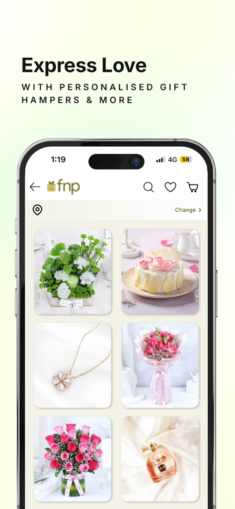 FNP mobile app interface displaying a variety of gifts including flowers cakes and jewelry