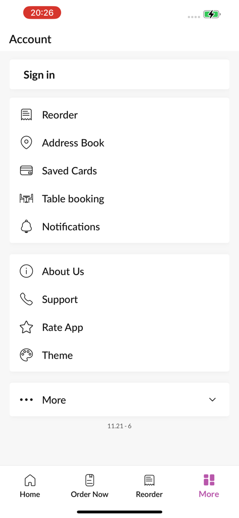 Cardamon Lounge - Account screen of the Cardamon Lounge app showing options for sign in, reordering, table booking, and app settings.