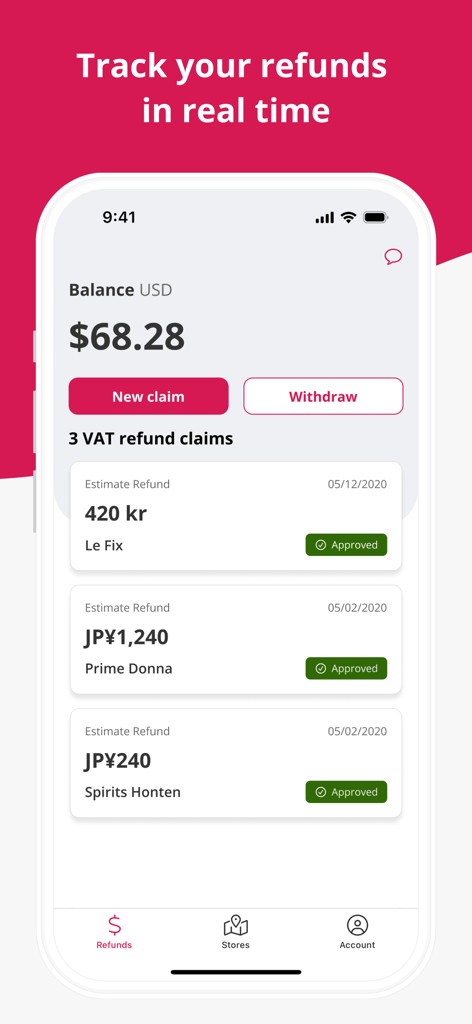 Pie VAT - Interface do aplicativo Pie VAT mostrando rastreamento de reembolso fiscal em tempo real com solicitações aprovadas e saldo