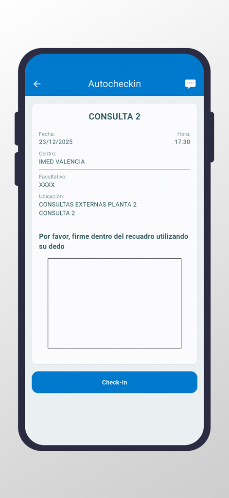 Pantalla de auto check-in de la aplicación móvil IMED Hospitales que muestra los detalles de la cita y un campo de firma digital para una visita del paciente.