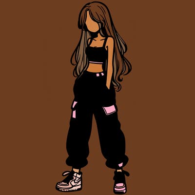 girl in baggy pants crop top and long hair