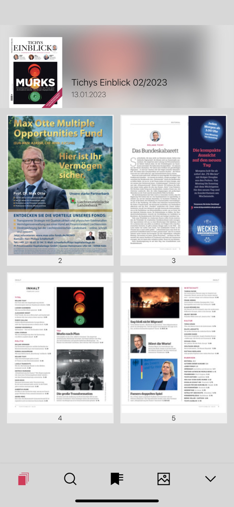 Una vista de cuadrícula de páginas de la revista digital Tichys Einblick que muestra artículos y anuncios.