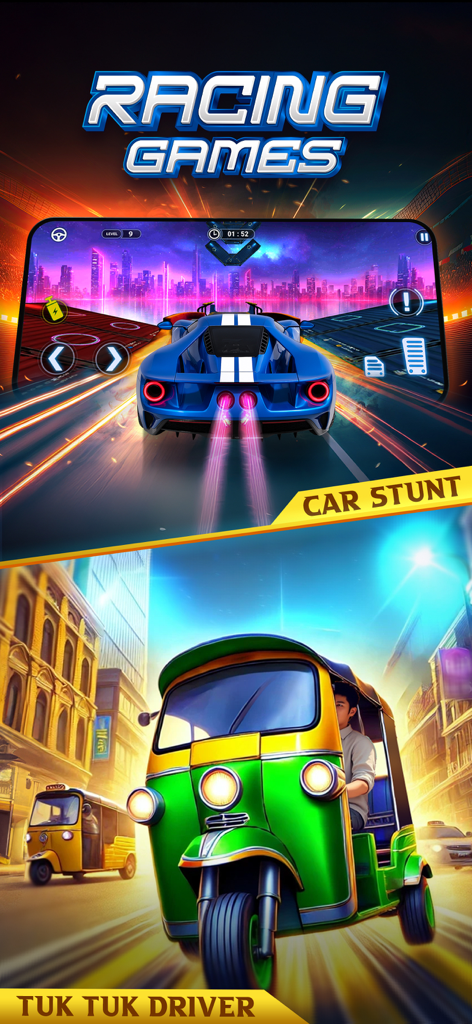 Addictive Games™ - A display of racing games including Car Stunt and Tuk Tuk Driver