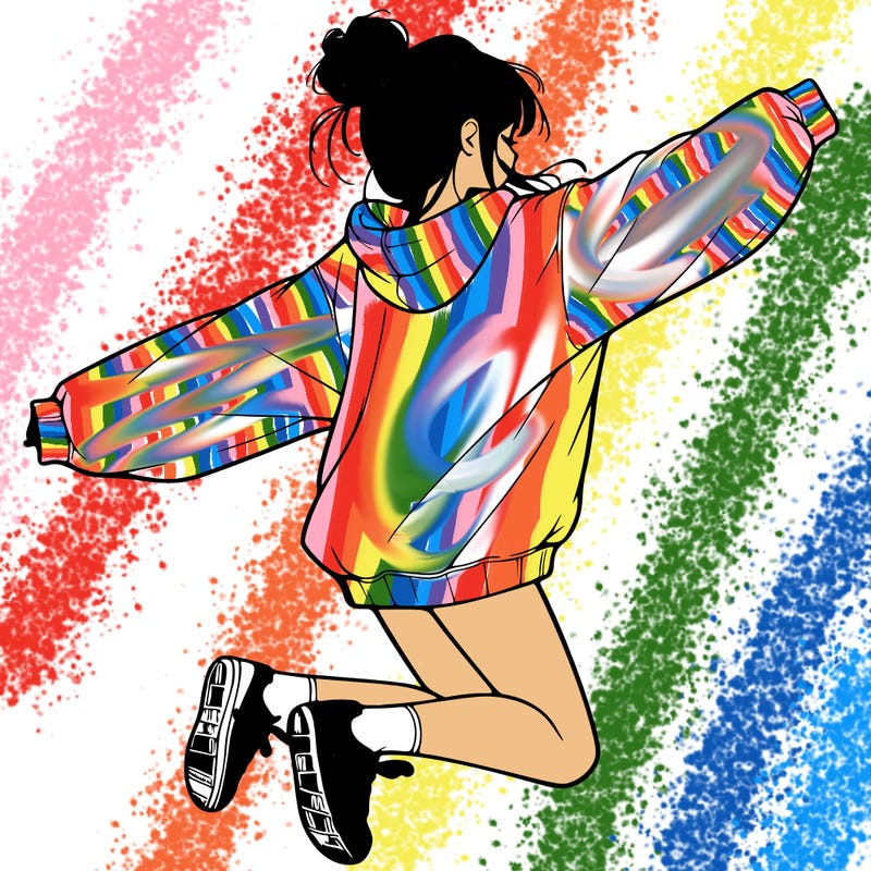 realistic girl jumping with a bun and oversized sweatshirt