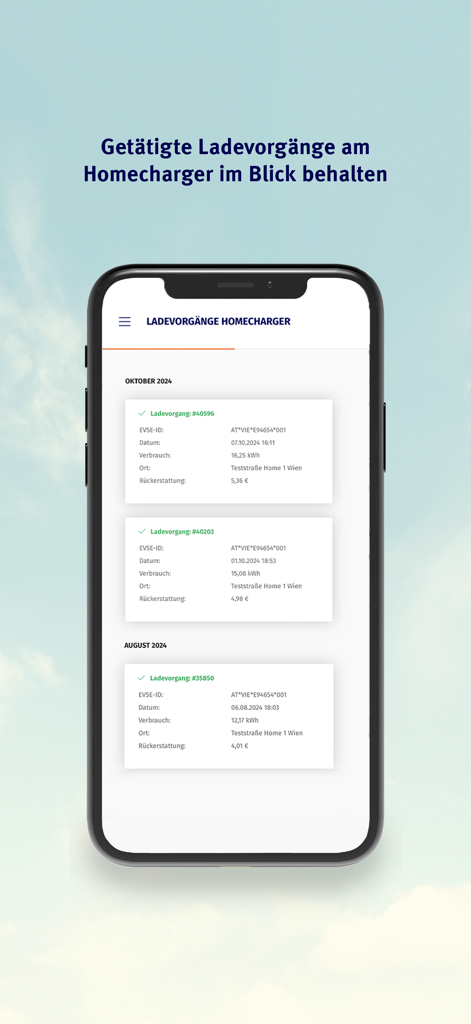 Wien Energie Tanke Business - Wien Energie Tanke Business app screen showing a list of home charging sessions with energy consumption and reimbursement data