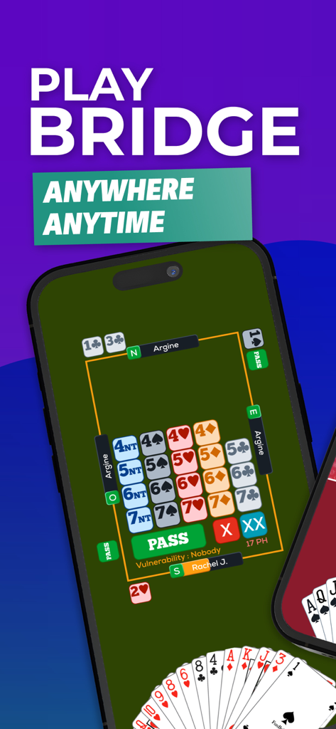 Fun Bridge mobile app gameplay showing a bridge table and bidding interface on a smartphone