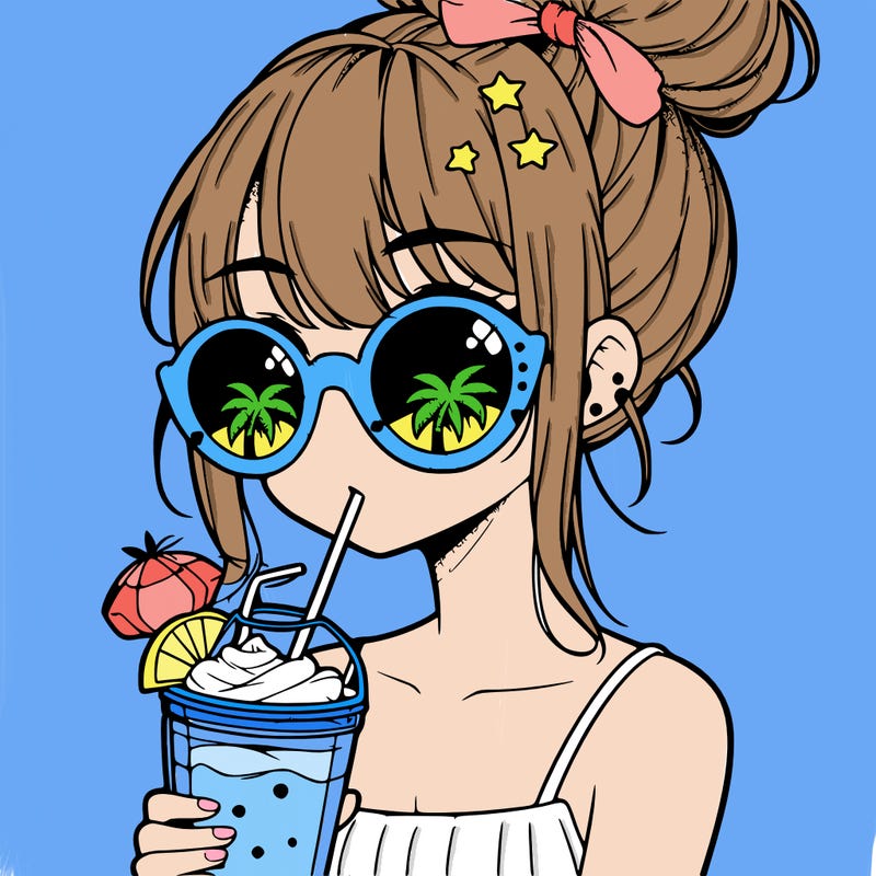 manga girl with hair bun, palm tree sunglasses and a smoothie in her hand