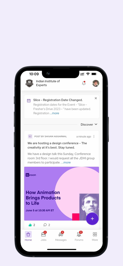 pod.ai - The pod.ai app home screen displaying a private university network feed with career event updates and institutional announcements.