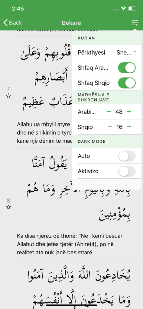 Settings menu of the Kurani Shqip and Arabisht app showing font and language customization options
