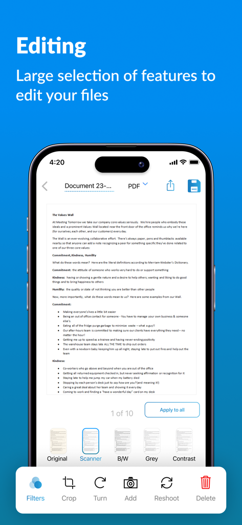Scannero: fast scan to PDF&JPG - Interfaz de la aplicación Scannero mostrando herramientas de edición de documentos y filtros en una pantalla de iPhone.