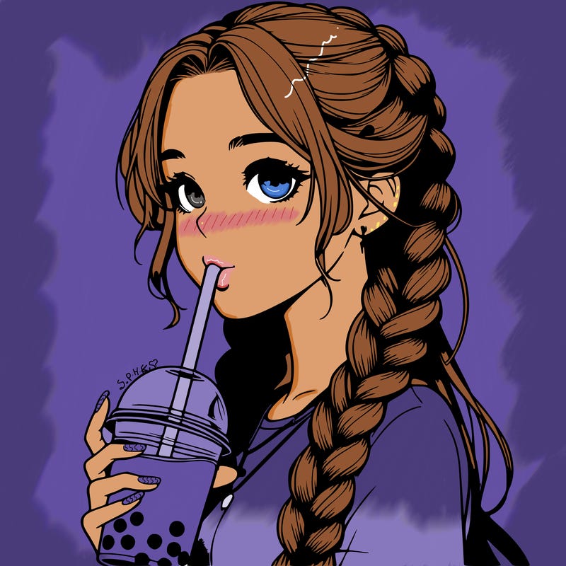 realistic girl with braided hair drinking boba