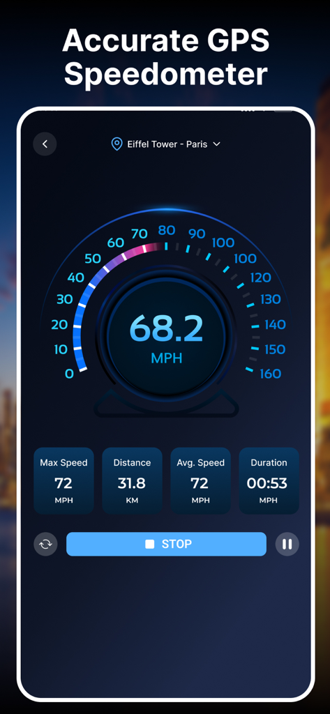 3D Earth Map Street View - A digital GPS speedometer interface showing current speed and travel statistics