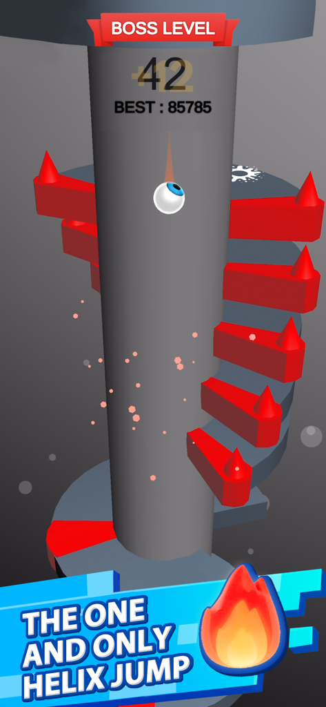 Captura de pantalla del juego móvil Helix Jump mostrando un nivel de jefe con un ojo que rebota en una torre helicoidal