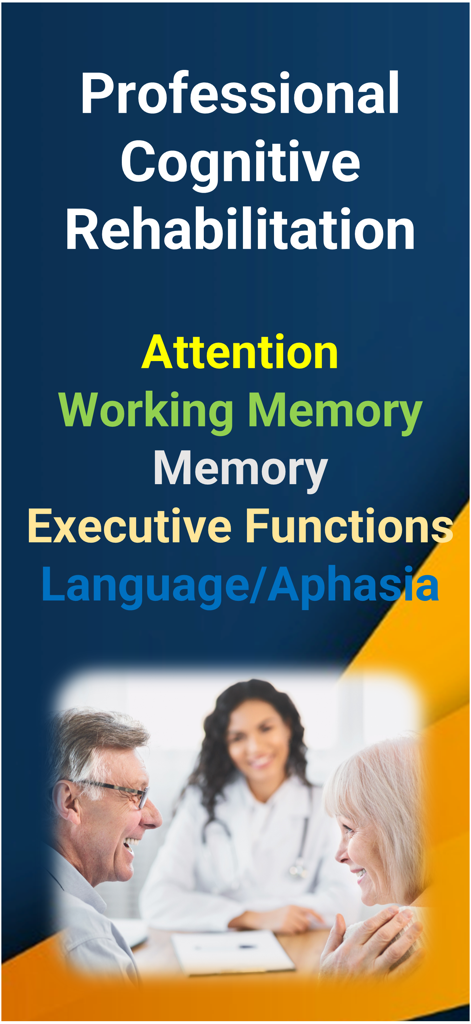 HeadApp Cognitive Rehab - Professionelle kognitive Rehabilitationstherapie-Kategorien einschließlich Gedächtnis und Sprache mit Arzt und älteren Patienten