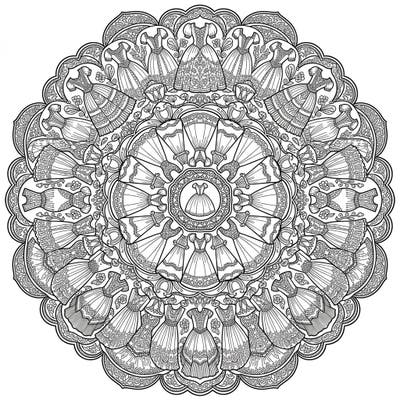 Unleash your inner fashionista with this exquisite adult coloring page featuring a stunning mandala design crafted from elegant dresses. Explore intricate patterns and find your creative flow as you bring these beautiful gowns to life with color.