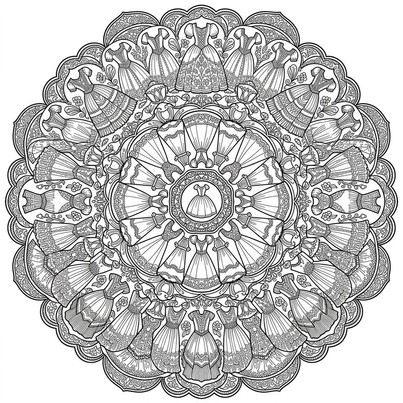 Unleash your inner fashionista with this exquisite adult coloring page featuring a stunning mandala design crafted from elegant dresses. Explore intricate patterns and find your creative flow as you bring these beautiful gowns to life with color.