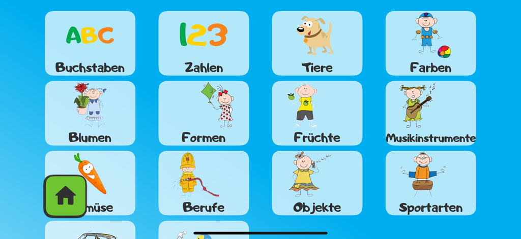 Hauptmenü-Bildschirm der deutschen App ABC für Kinder mit Symbolen für Buchstaben, Zahlen, Tiere und Farben