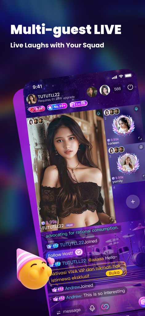 VIVA LIVE - Screenshot der VIVA LIVE App, der die Multi-Gast-Live-Streaming-Funktion mit einer weiblichen Gastgeberin und mehreren Gästeprofil-Slots zeigt.