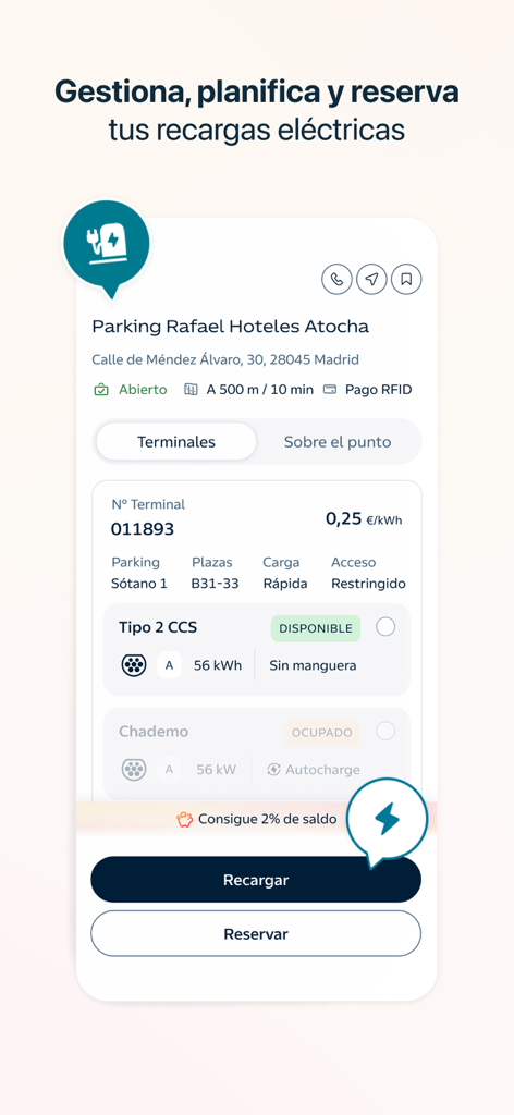 Waylet. Pagos con el móvil - Waylet mobile app interface for managing and reserving electric vehicle charging stations