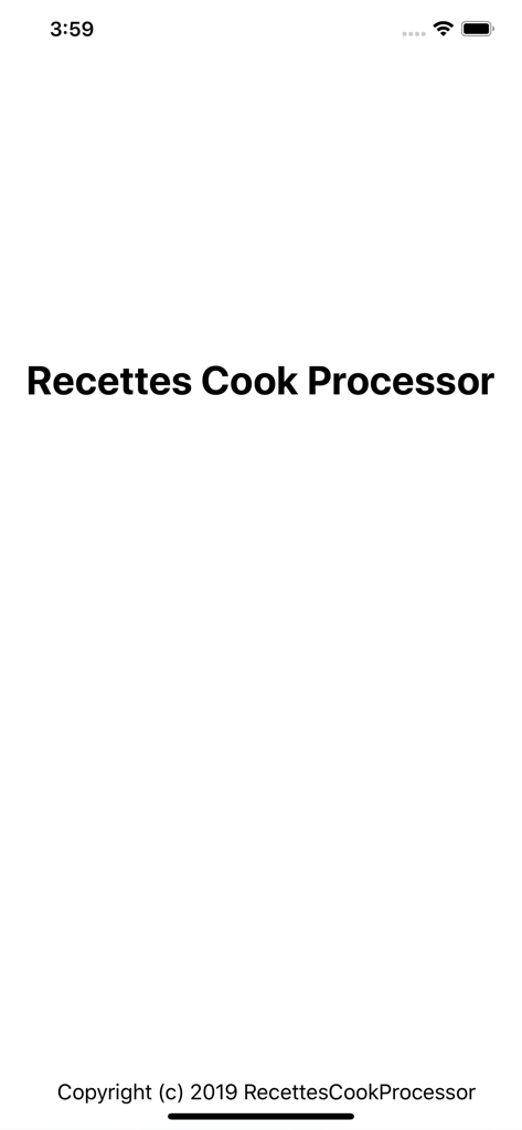 Launch screen of the Recettes Cook Processor app showing the application title and copyright