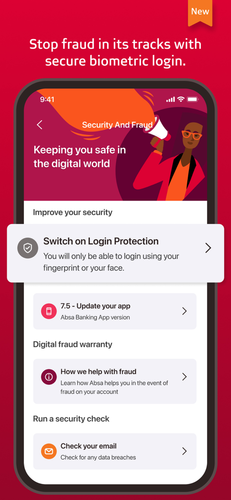 Absa Banking app security and fraud screen showing biometric login protection and digital fraud warranty settings