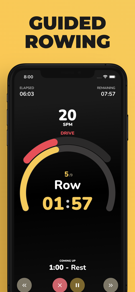 Start Rowing: Workouts Coach - Start Rowing app interface showing a guided workout session with strokes per minute tracking