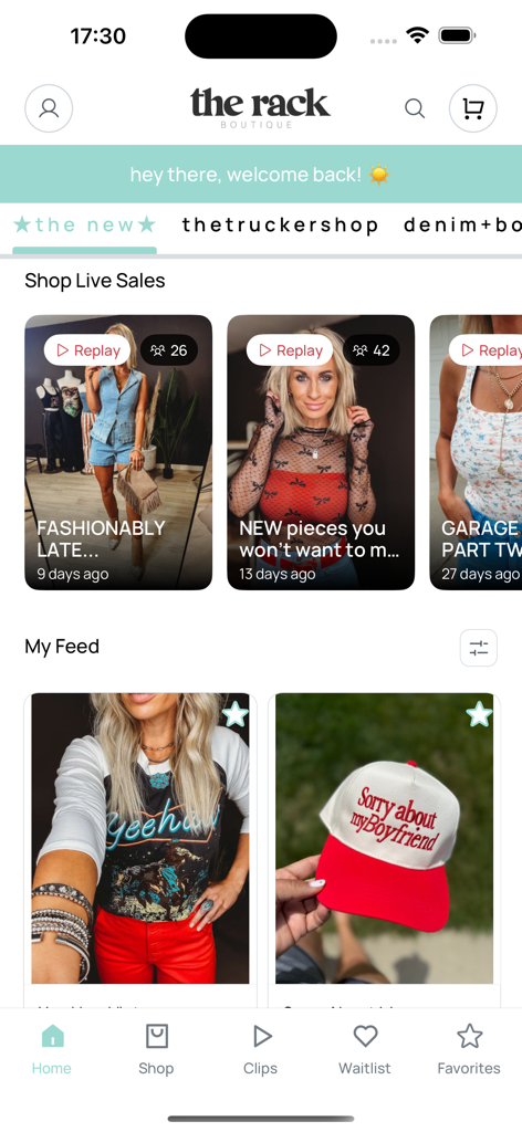 The Rack - The Rack Boutique mobile app home screen showing live sales and fashion products