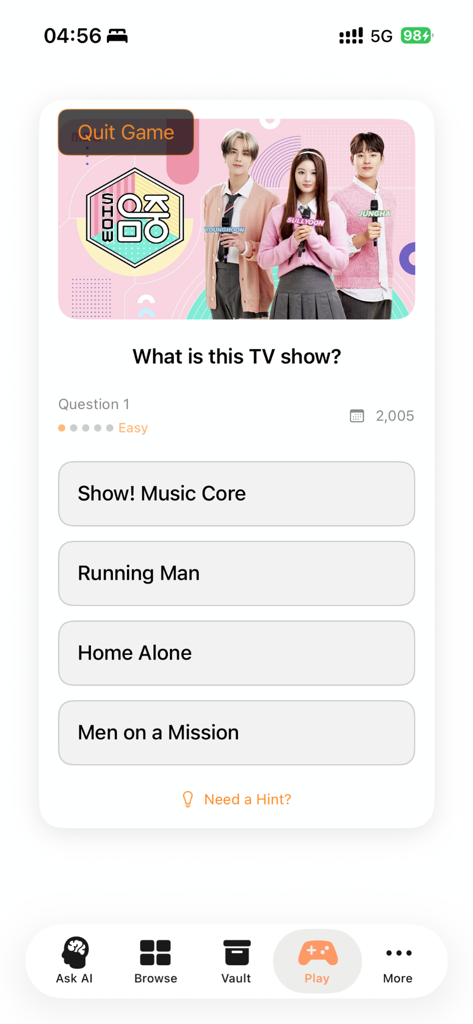 A screenshot of the Kiss AI app showing a trivia game where users guess the Korean TV show from an image.