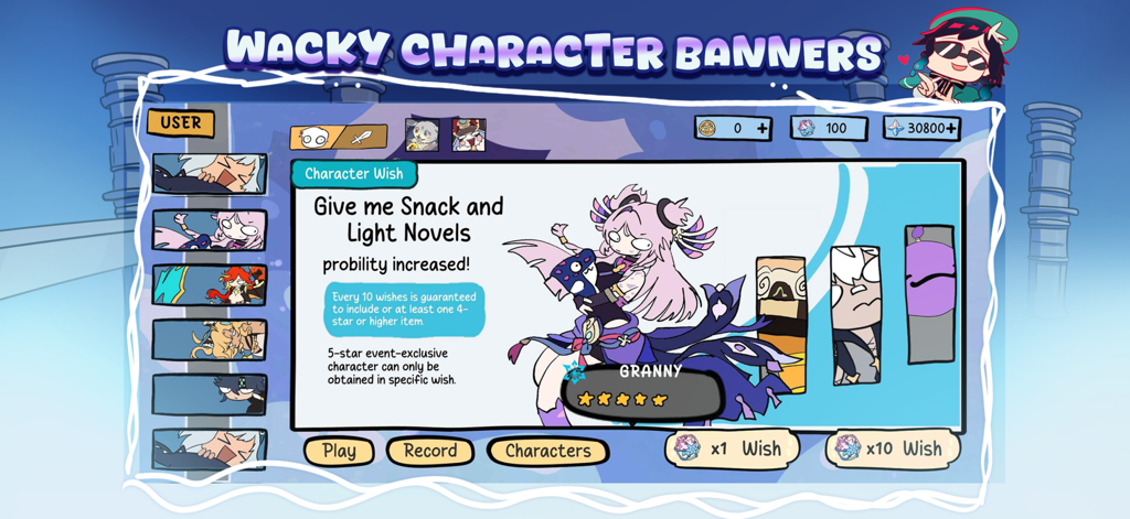 Wacky Wisher: Silly Genshin - Captura de pantalla del juego de banners de personajes 'wacky' en la aplicación Silly Genshin