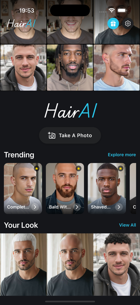 Interface of the Hair AI app displaying trending men's hairstyles and AI hair color transformations.