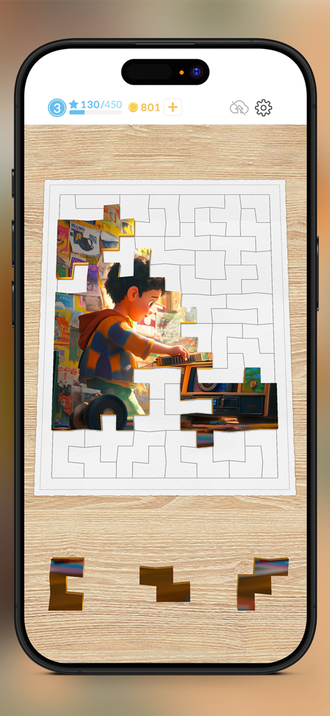 Antistress Block Jigsaw Puzzle - Tela de jogo do Quebra-cabeça Antiestresse de Blocos mostrando um quebra-cabeça artístico em andamento em um fundo de madeira
