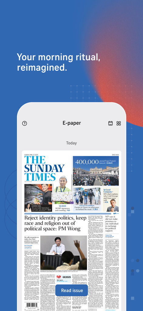 The Straits Times - A digital replica of The Sunday Times newspaper within The Straits Times mobile app interface.