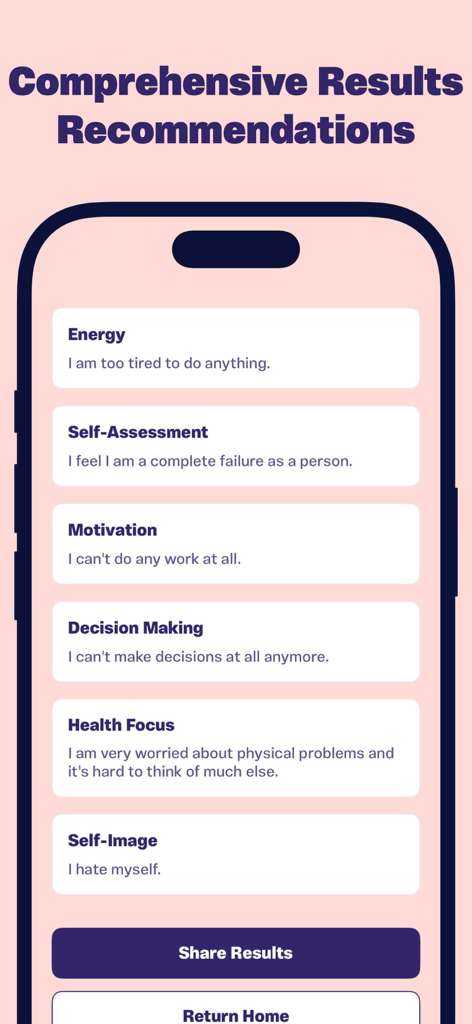 Depression Test App - 에너지, 동기 부여, 자아 이미지와 같은 상세한 평가 범주를 보여주는 우울증 검사 앱 결과 화면.