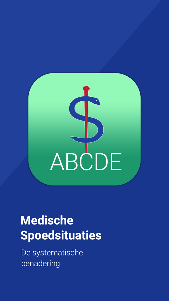 ABCDE app - ABCDE app splash screen featuring the Rod of Asclepius medical symbol and Dutch text about systematic emergency care.